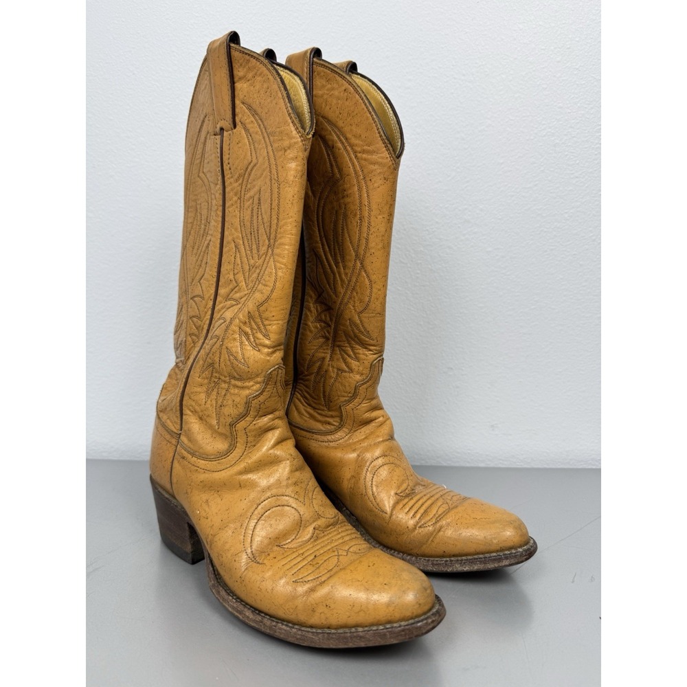 Justin Cowboy Boots Womens 5 B Tan Leather Western Cowgirl Rodeo Vintage 80s